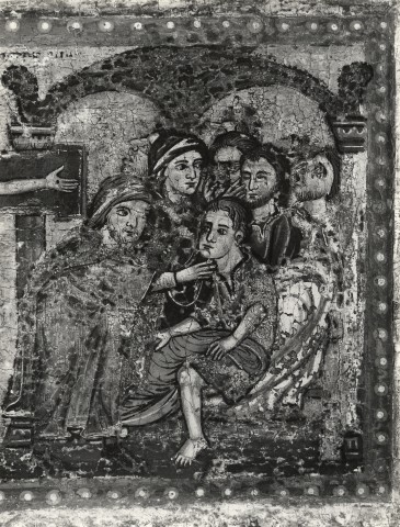 Anonimo — Anonimo senese - sec. XIII - Paliotto del 1215: Guarigione di infermi alla presenza del Crocifisso — particolare, dopo il restauro del 1973